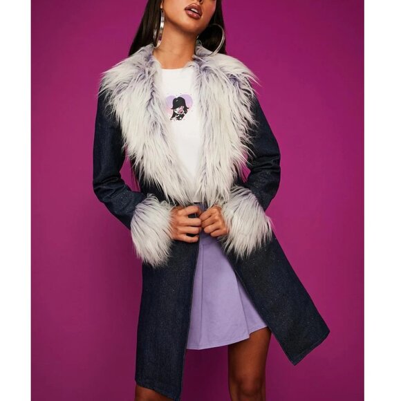 💋GORG!💋LIMITED EDITION FAUX MONGOLIAN FUR COLLAR GLITTERY DENIM AFGHAN COAT - Picture 15 of 16
